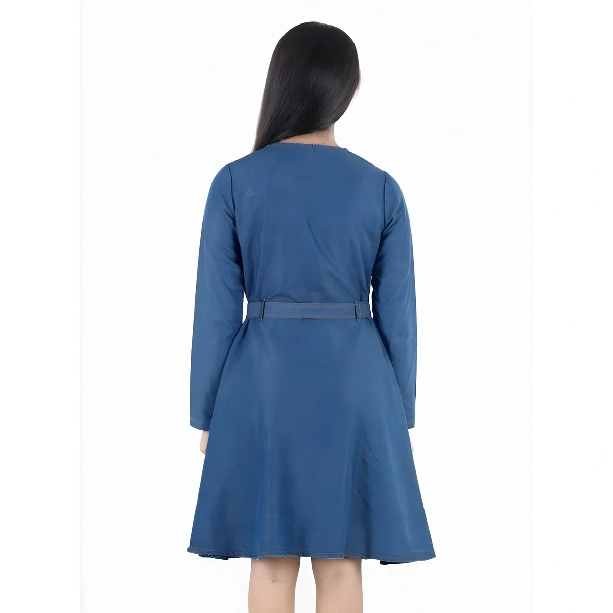 Girl's Denim Solid Long Sleeve Round Neck Dress (blue) | Kids Signature Collection