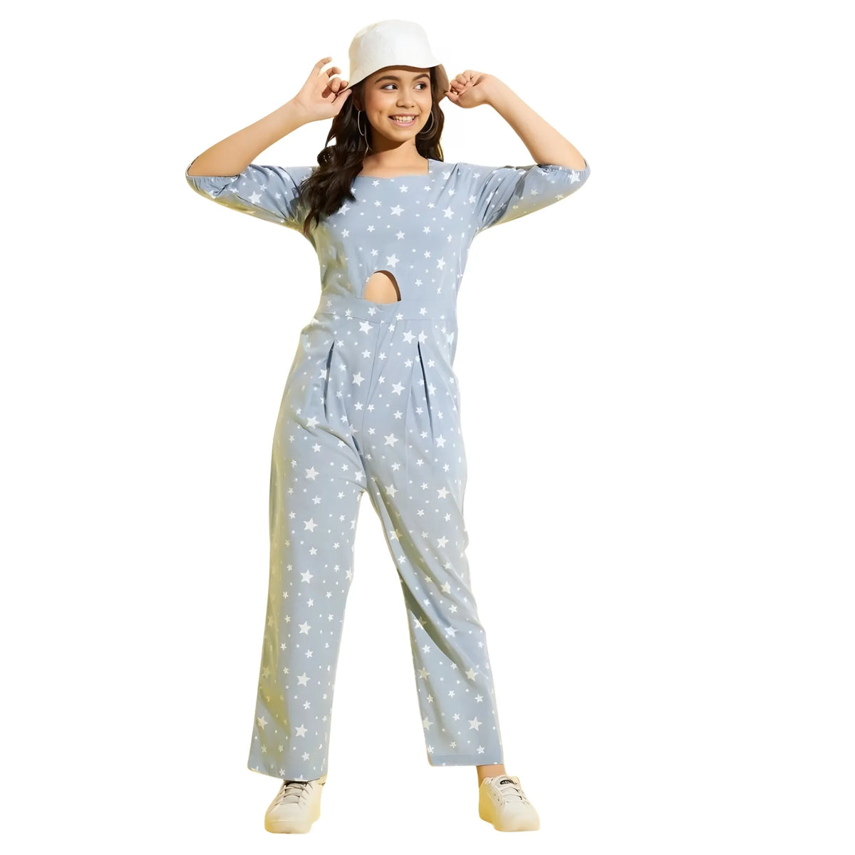 Girl's Cotton Printed 3 4th Sleeve Jumpsuit (blue White) | Women Signature Collection
