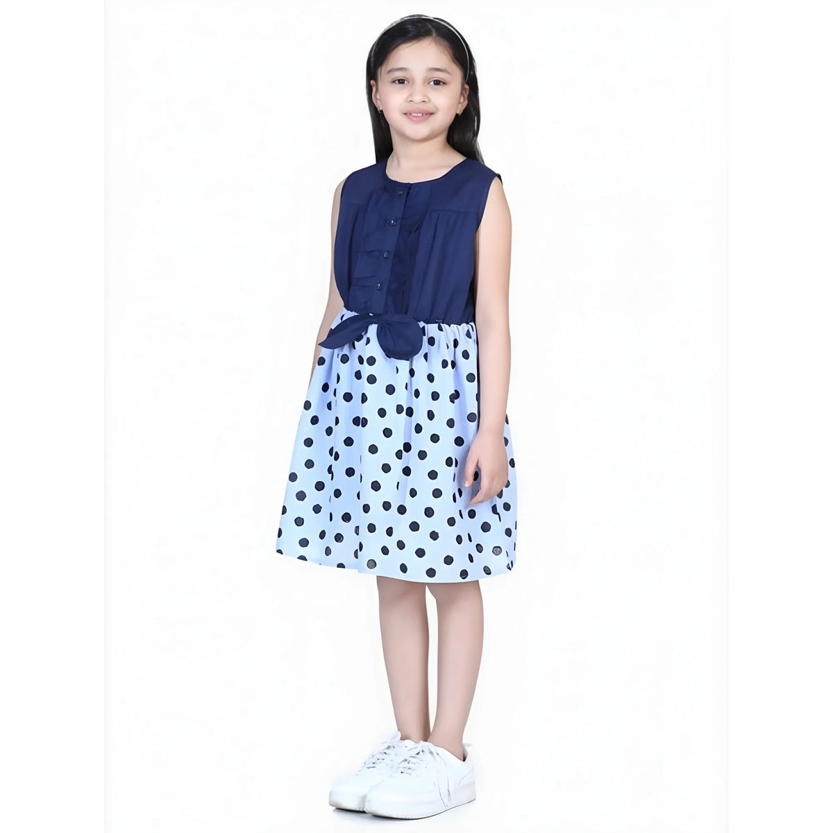 Girl's Denim Polka Sleeveless Dress (blue) | Kids Signature Collection