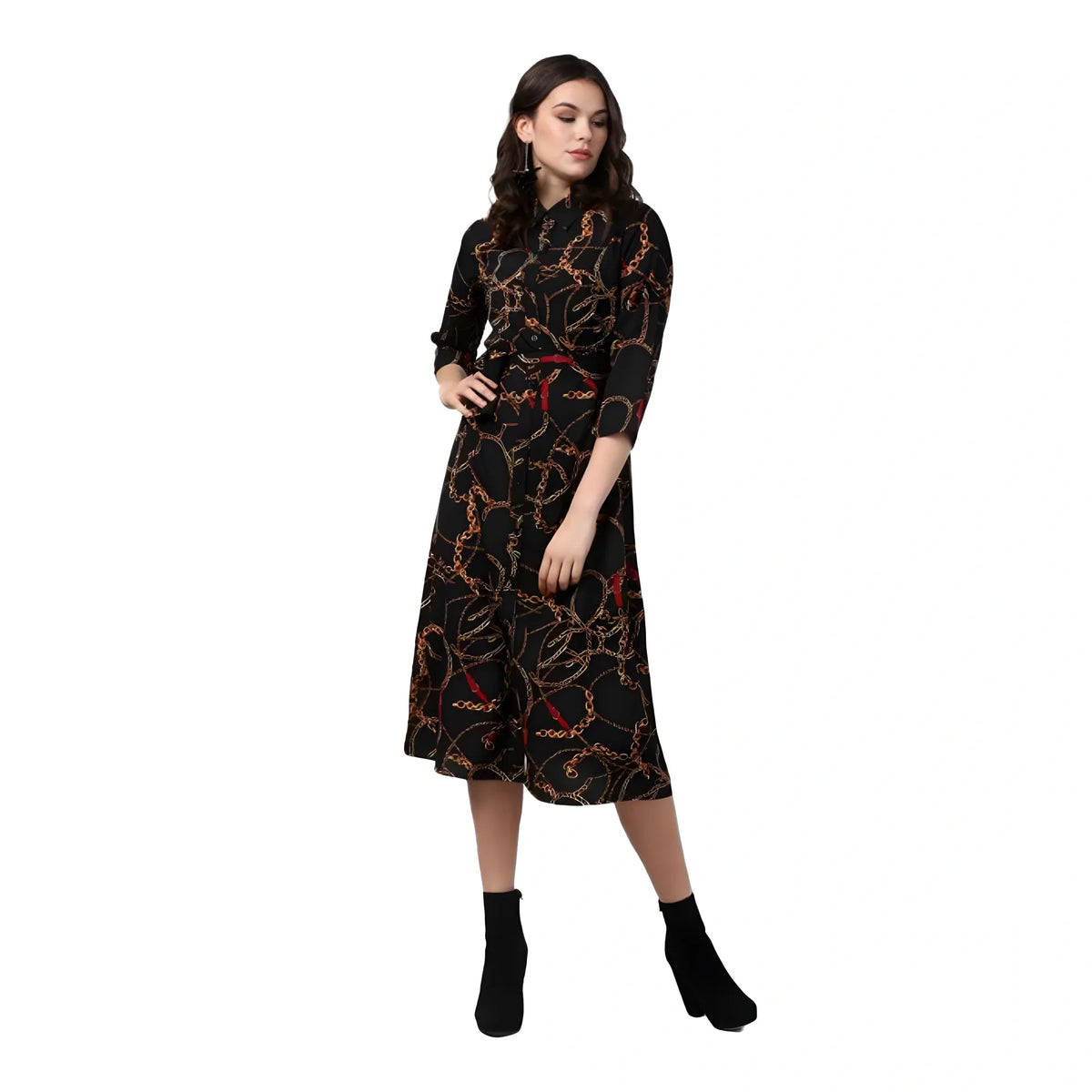 Women's Polyester Chain Print Roll Up Sleeve Below Knee Dress (black Yellow) | Women Signature Collection