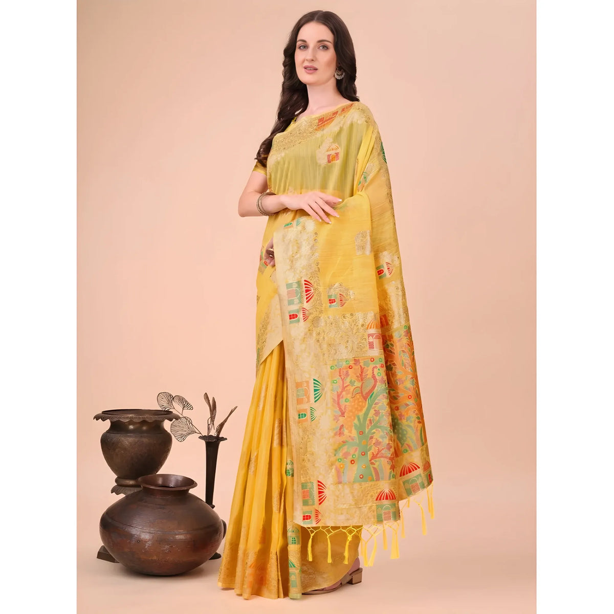 Women's Linen Cotton Printed Saree With Unstitched Blouse 5.5mtr (yellow) | Women Signature Collection