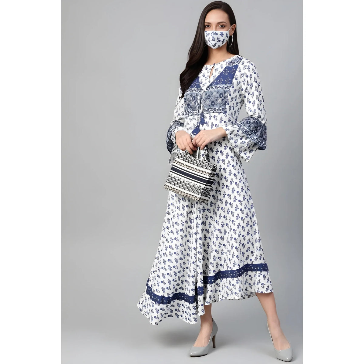 Women's Casual Bell Sleeve Floral Printed Rayon Dress (white &amp; Blue) | Women Signature Collection
