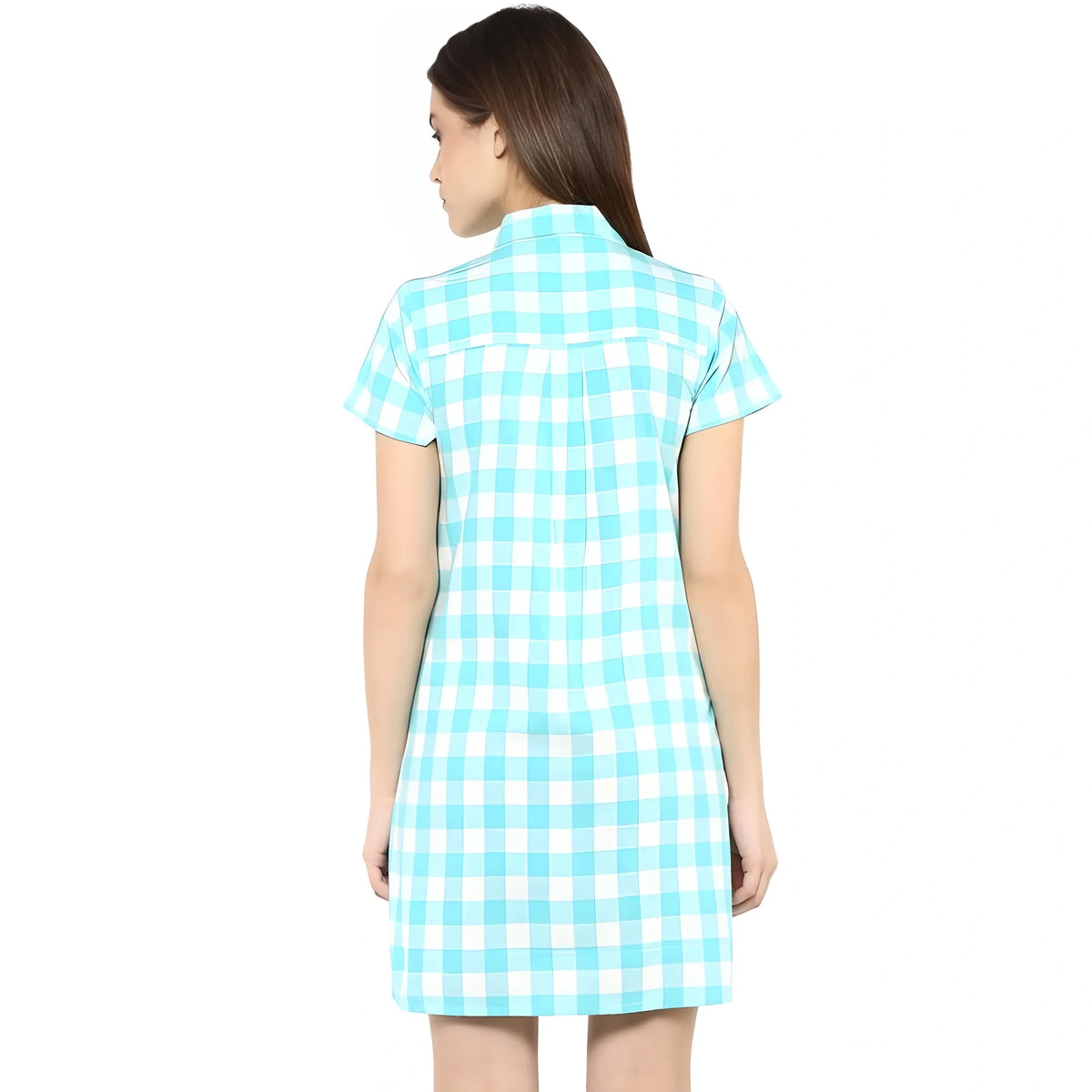 Women's Rayon Checkered Short Sleeve Above Knee Dress (skublue White) | Women Signature Collection