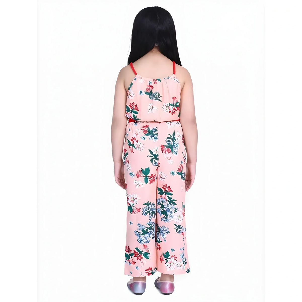 Girl's Polyester Crepe Floral Shoulder Straps Jumpsuit (peach Red) | Kids Signature Collection