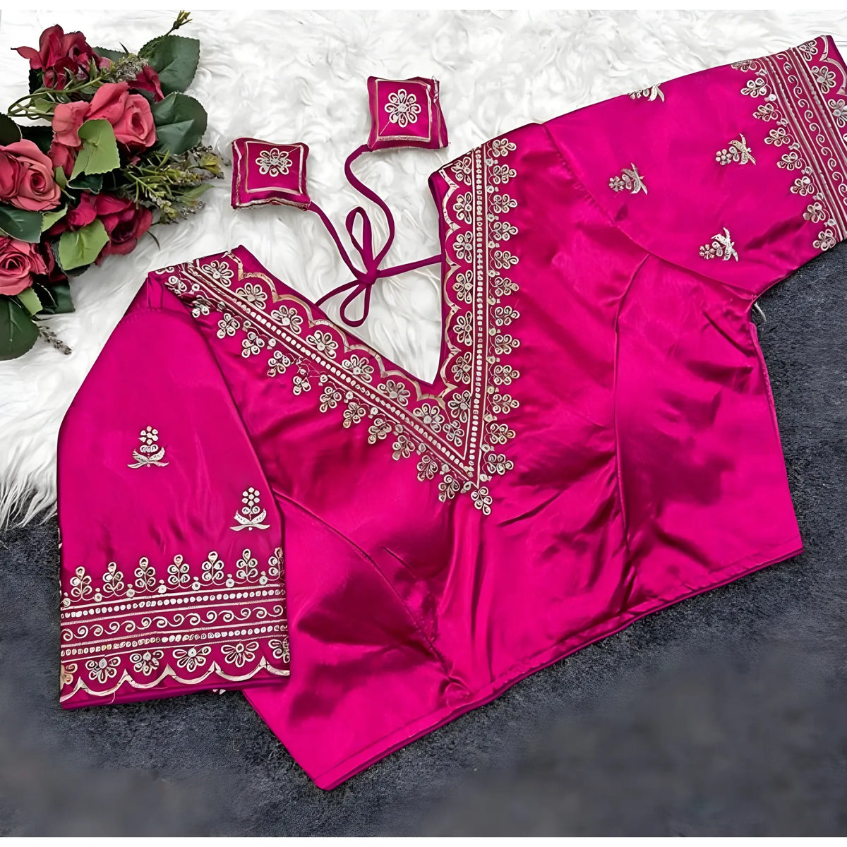 Rose Women's Satin Embroidered Half sleeve V-Neck Padded Readymade Blouse