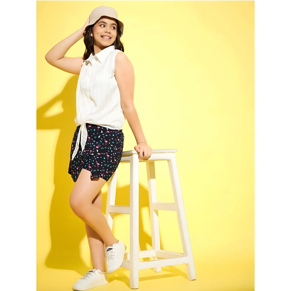 Girl's Polyester Lurex Printed Sleeveless Top Set (white Navy) | Kids Signature Collection
