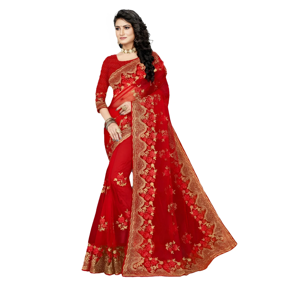 Women's Net Saree With Blouse (red, 5 6mtrs) | Women Signature Collection