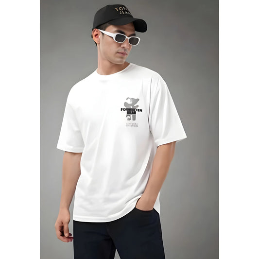 Men's Cotton Blend Printed Oversized Round Neck Half Sleeve T-Shirt (White)