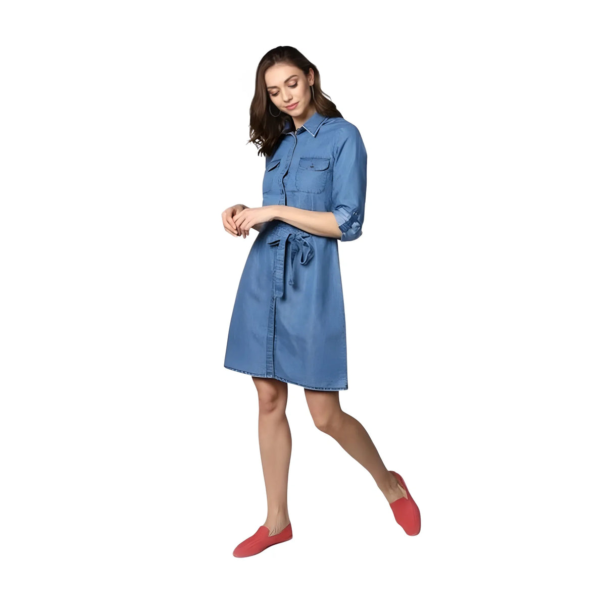 Women's Denim Solid Roll Up Sleeve Dress (blue) | Women Signature Collection