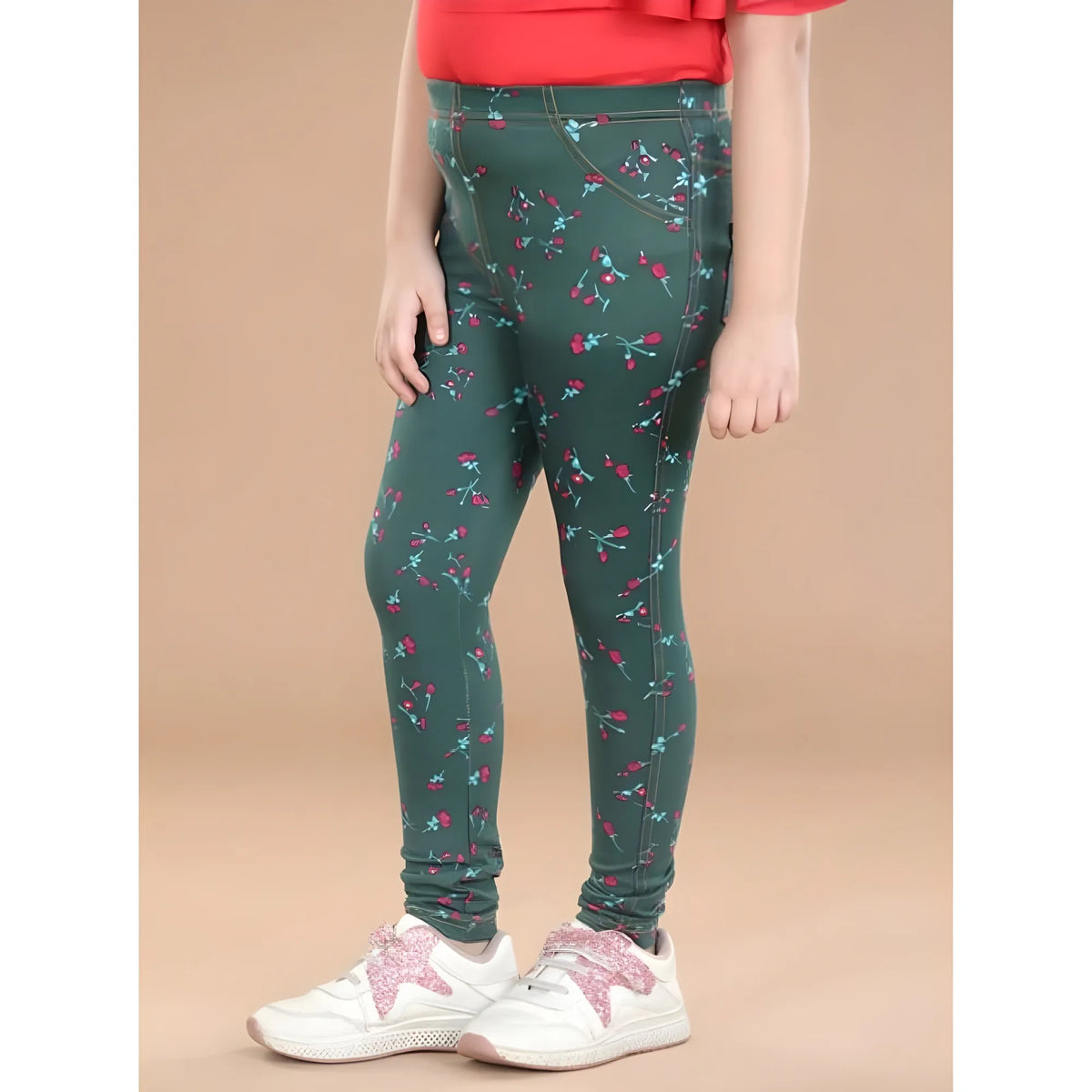 Girl's Cotton Lycra Floral Elasticated Jeggings (Bottle Green)