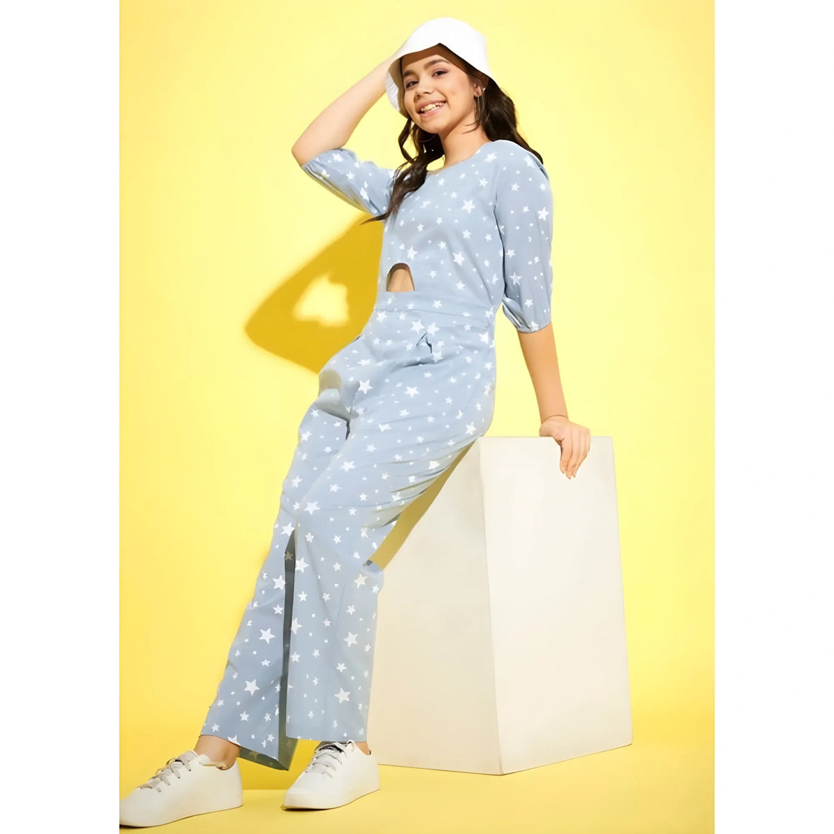 Girl's Cotton Printed 3 4th Sleeve Jumpsuit (blue White) | Women Signature Collection