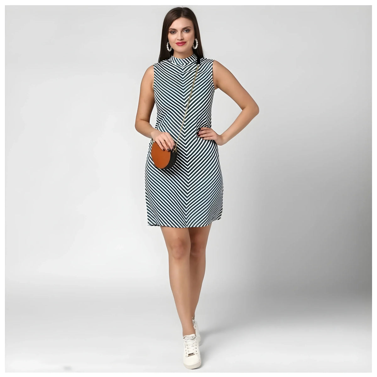 Women's Polyester Striped Sleeveless Above Knee Dress (green) | Women Signature Collection