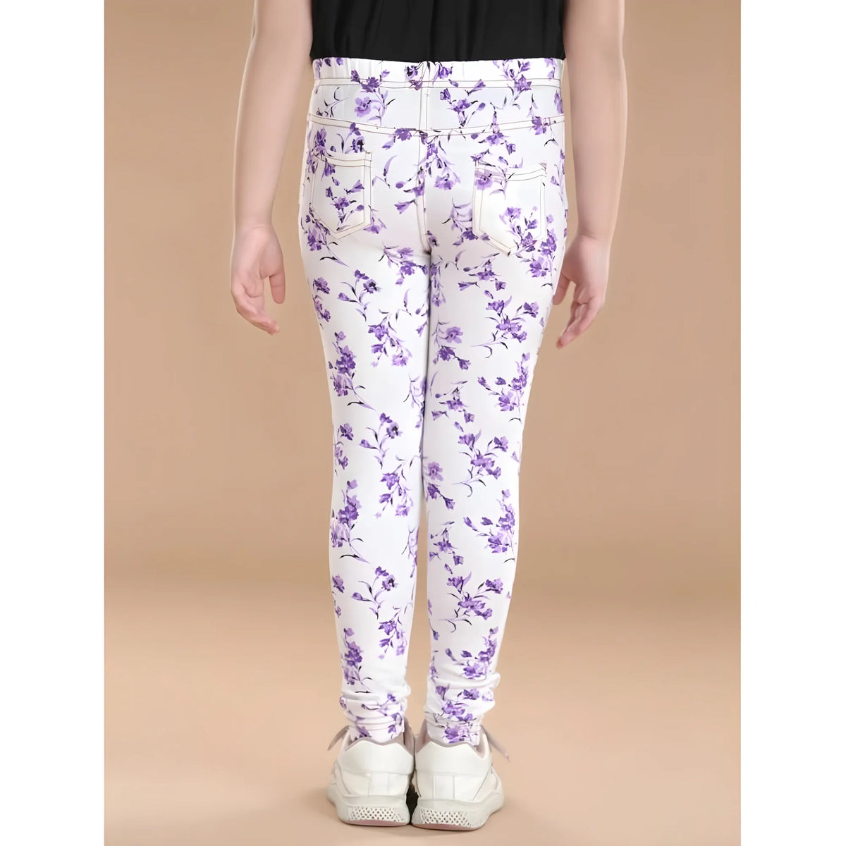 Girl's Cotton Lycra Floral Elasticated Jeggings (White-Lavender)