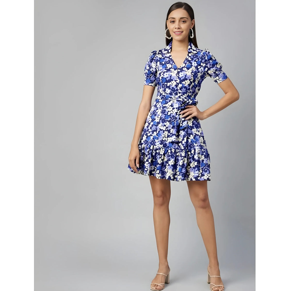 Women's Polyester Floral Short Sleeve Above Knee Dress (blue Purple) | Women Signature Collection