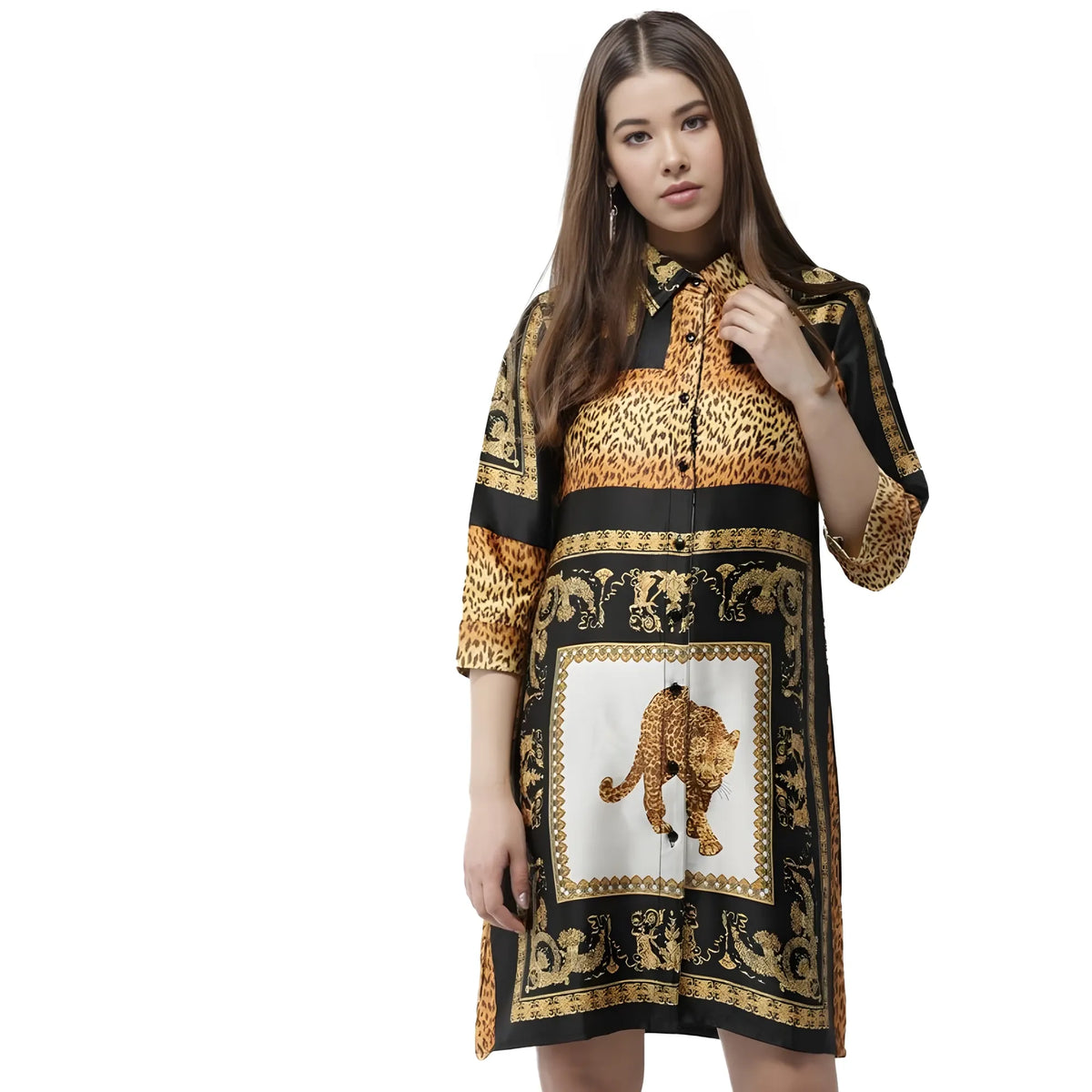 Women's Satin Animal Print 3 4th Sleeves Above Knee Dress (white Orange) | Women Signature Collection