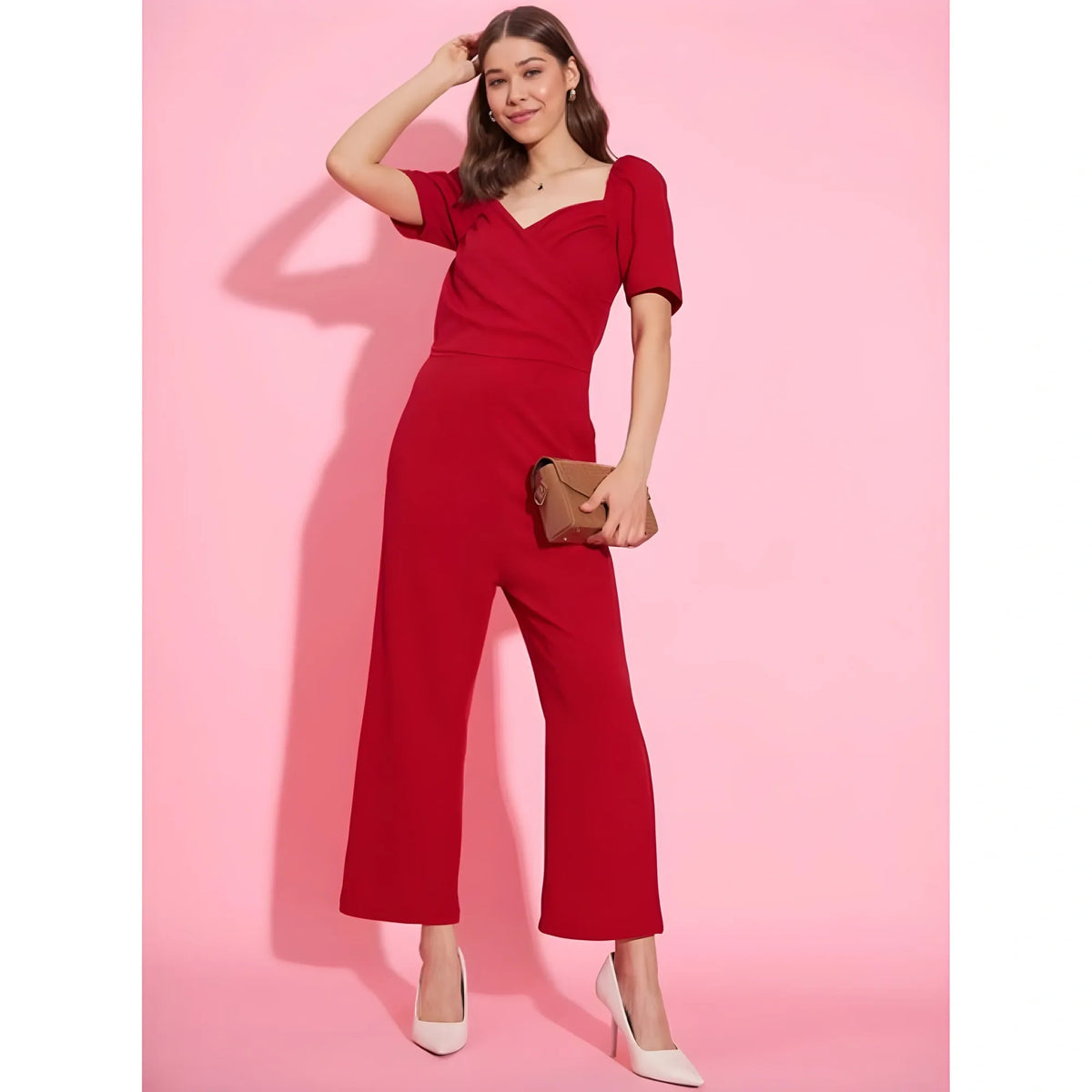 Women's Polyester Lycra Solid Puff Sleeve Jumpsuit (red) | Women Signature Collection