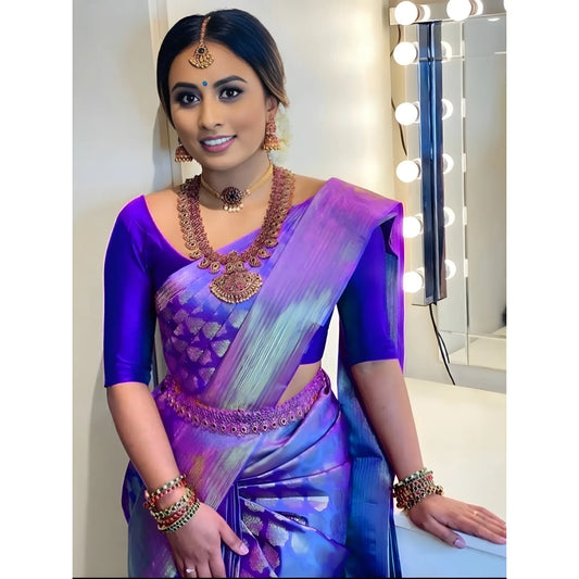 Women's Litchi silk Printed Saree With Unstitched Blouse (Blue)
