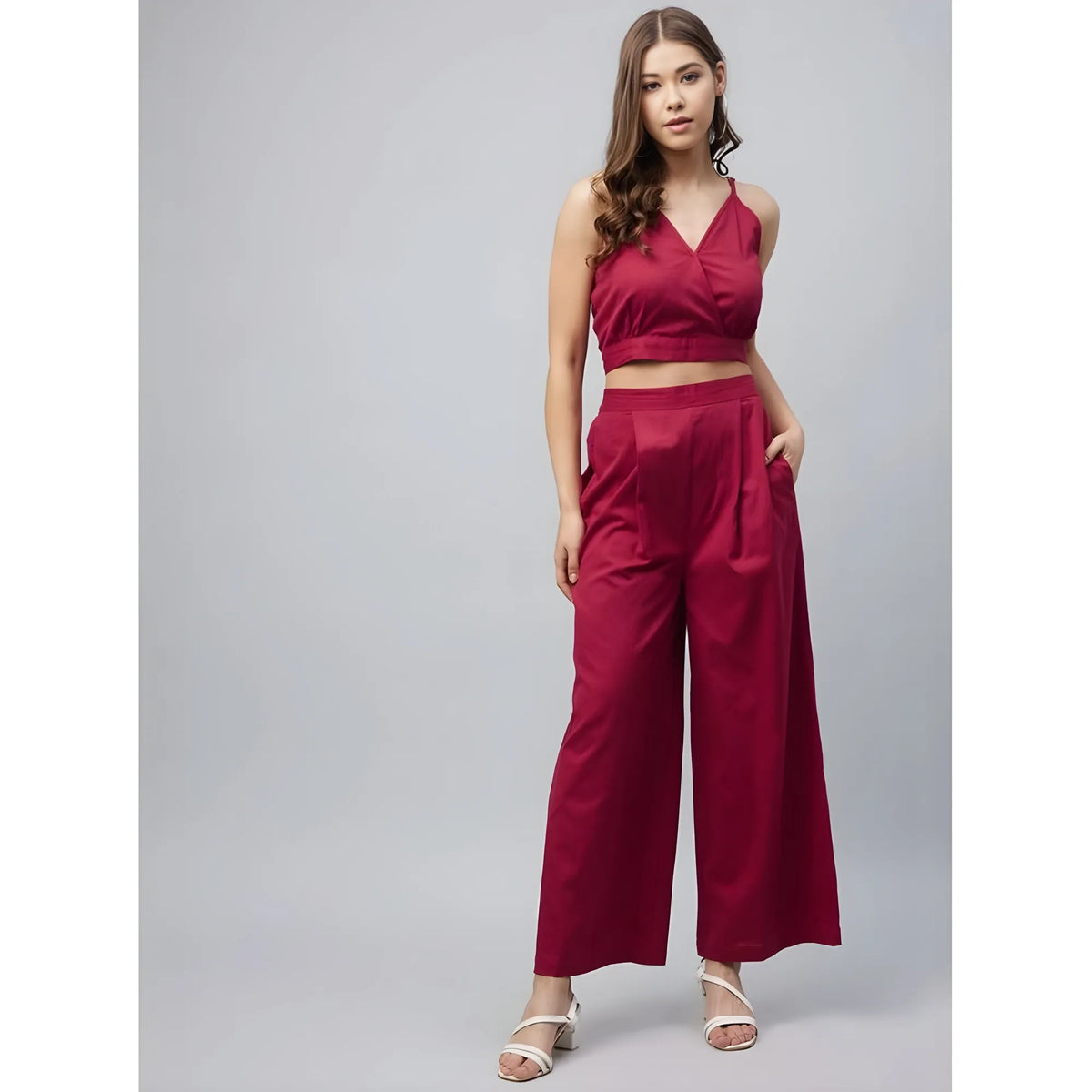 Women's Cotton Linen Solid Sleeveless Crop Top And Palazzo Set (maroon) | Women Signature Collection