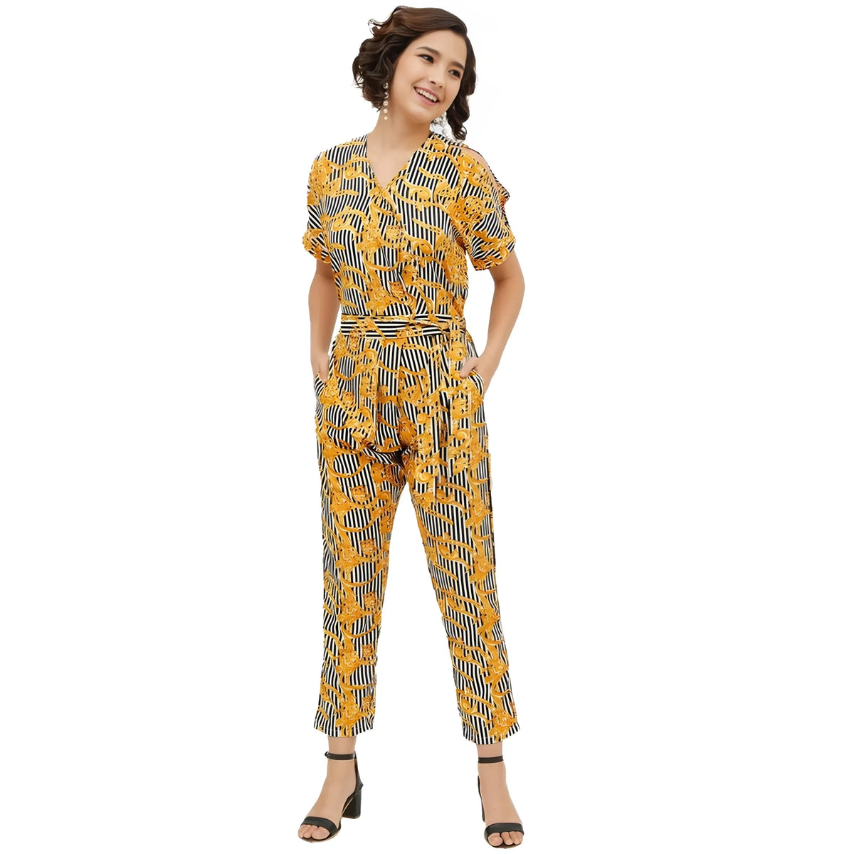 Women's Polyester Printed Half Sleeve Long Jumpsuit (yellow) | Women Signature Collection