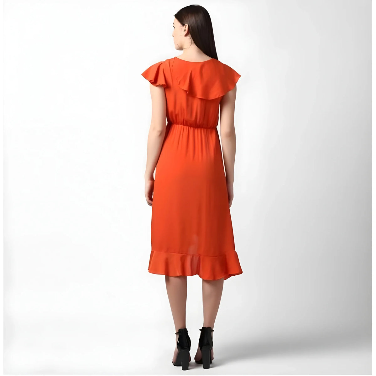 Women's Polyester Ruffled Cap Sleeve Knee Length Dress (orange) | Women Signature Collection
