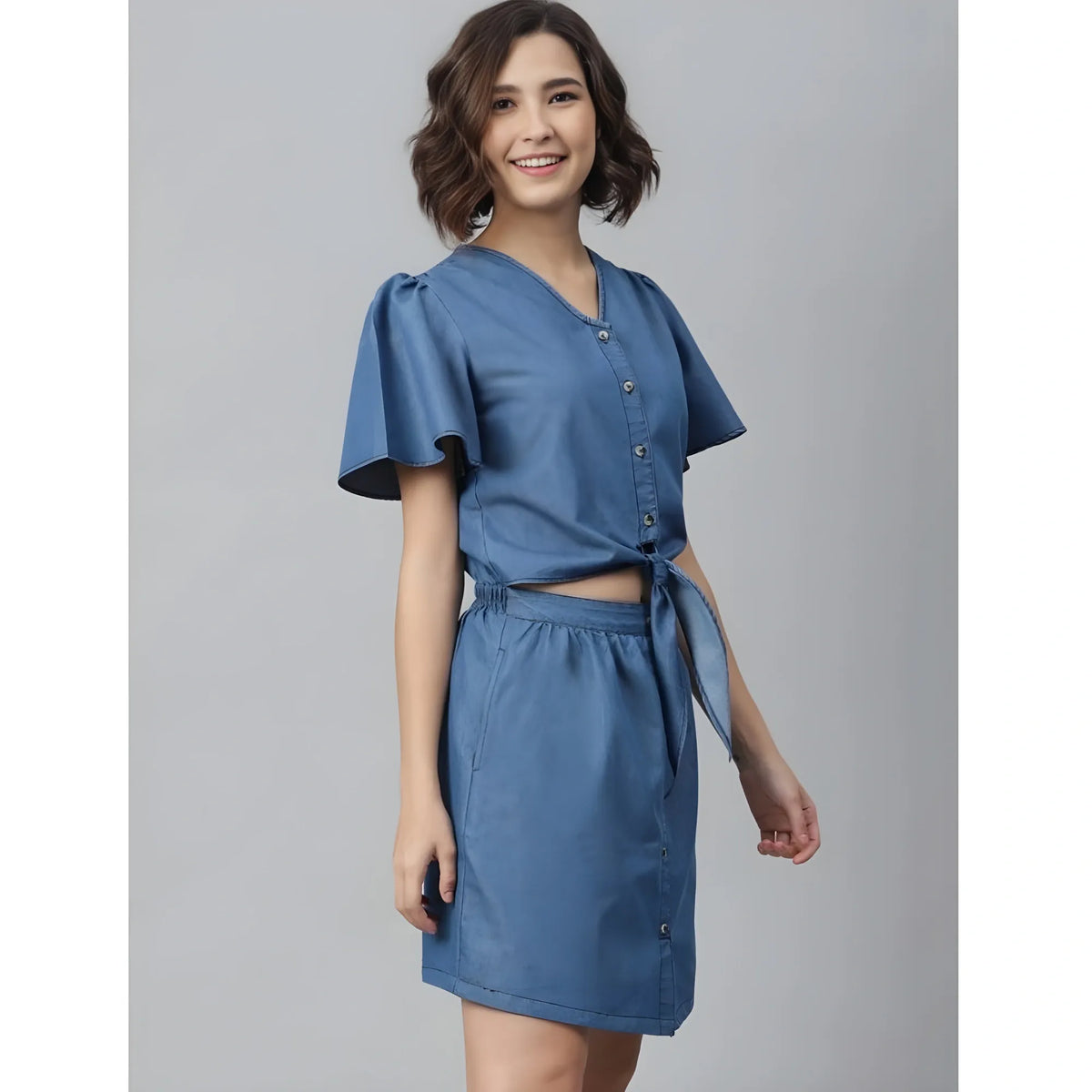 Women's Denim Solid Flutter Above Knee Dress (blue) | Women Signature Collection