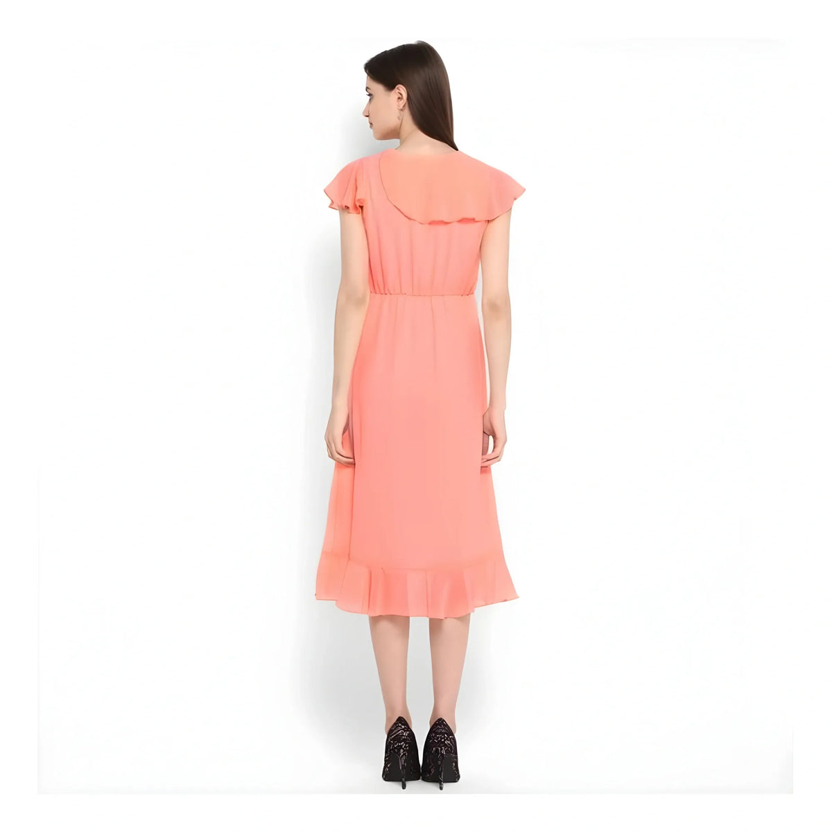 Women's Polyester Ruffled Cap Sleeve Below Knee Dress (neon Pink) | Women Signature Collection