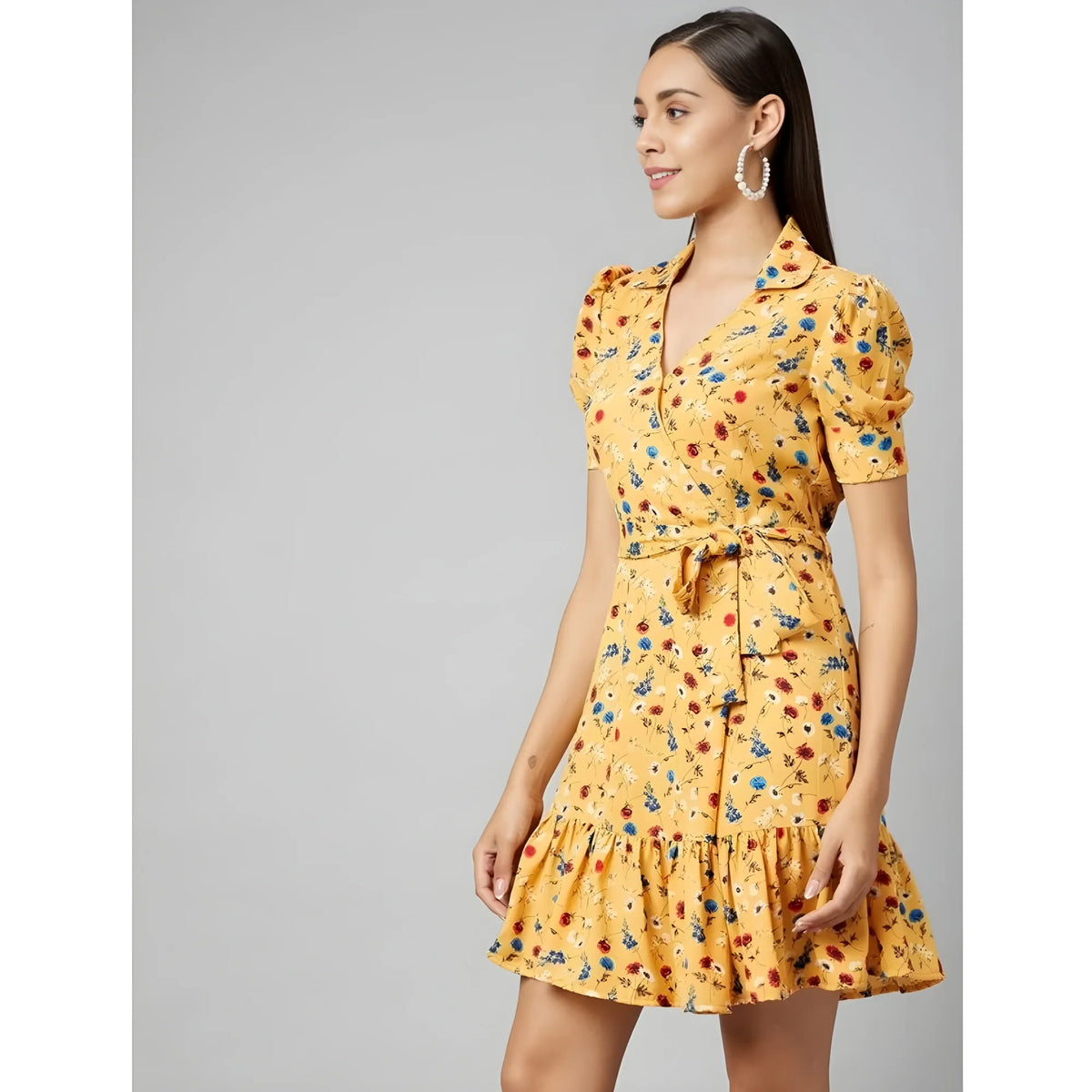 Women's Polyester Floral Short Sleeve Above Knee Dress (yellow) | Women Signature Collection