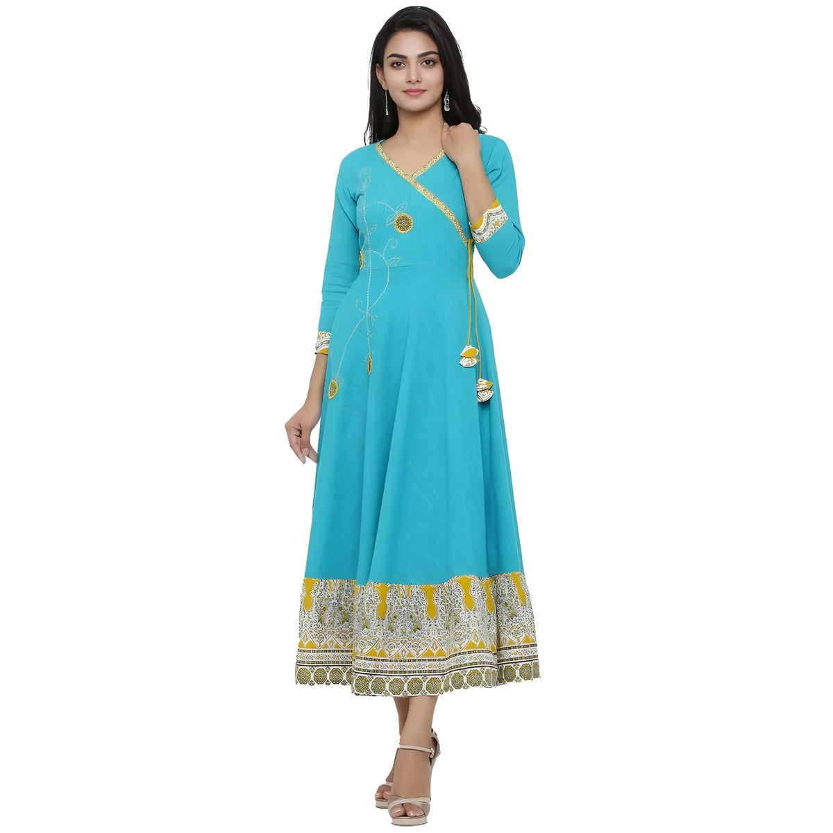 Women's Casual 3/4 Th Sleeve Embroidery Cotton Blend Kurti (torque Green) | Women Signature Collection