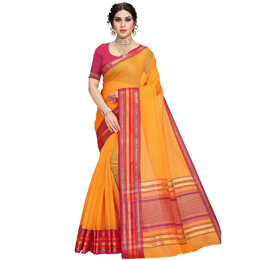 Women's Kota Doria Cotton Bordered Saree With Blouse (Gold, 5-6 Mtrs)