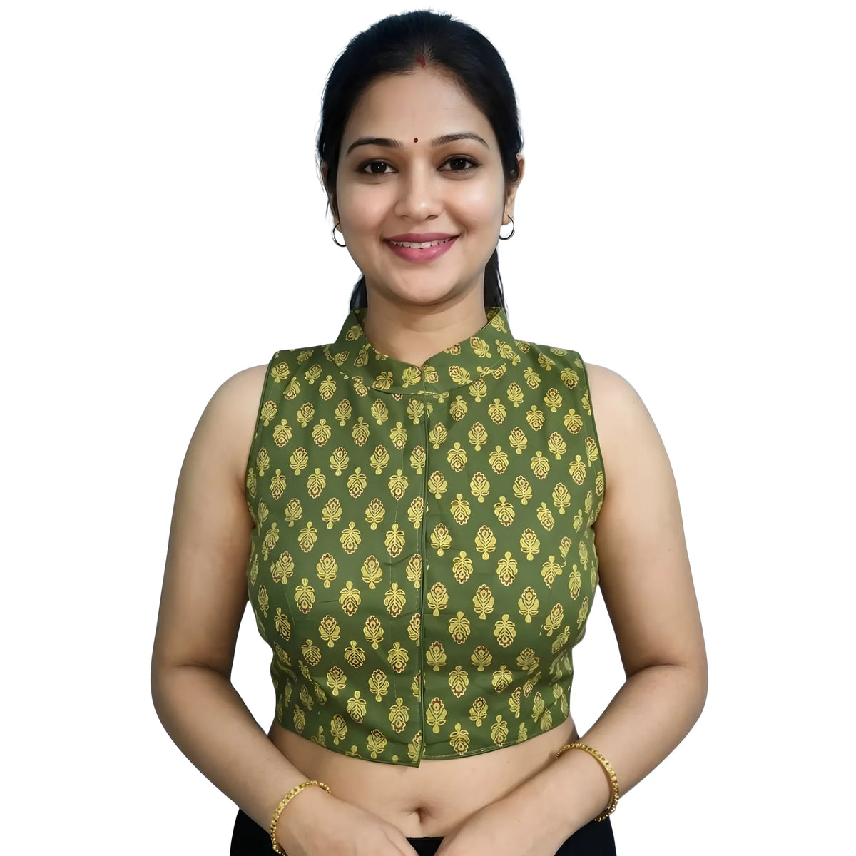 Olive Women's Ajrakh Cotton Ajarkh Sleeveless Collar Neck Padded Readymade Blouse