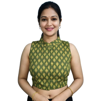 Olive Women's Ajrakh Cotton Ajarkh Sleeveless Collar Neck Padded Readymade Blouse