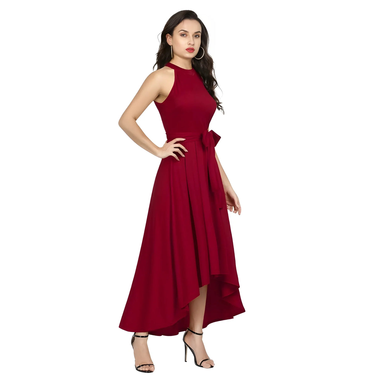 Women's Polyster Solid Halter Neck Sleeveless Dress (maroon) | Women Signature Collection