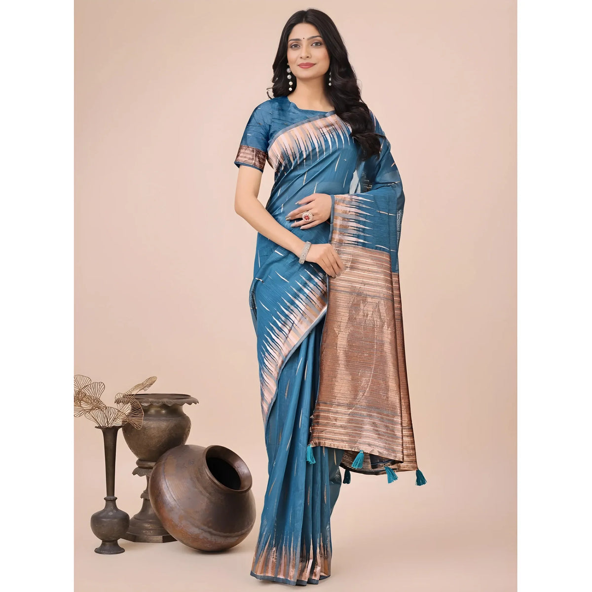 Women's Linen Cotton Printed Saree With Unstitched Blouse 5.5mtr (blue) | Women Signature Collection