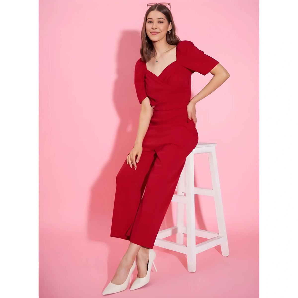 Women's Polyester Lycra Solid Puff Sleeve Jumpsuit (red) | Women Signature Collection