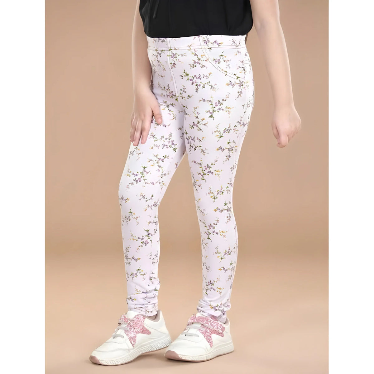 Girl's Cotton Lycra Floral Elasticated Jeggings (Multicolor)