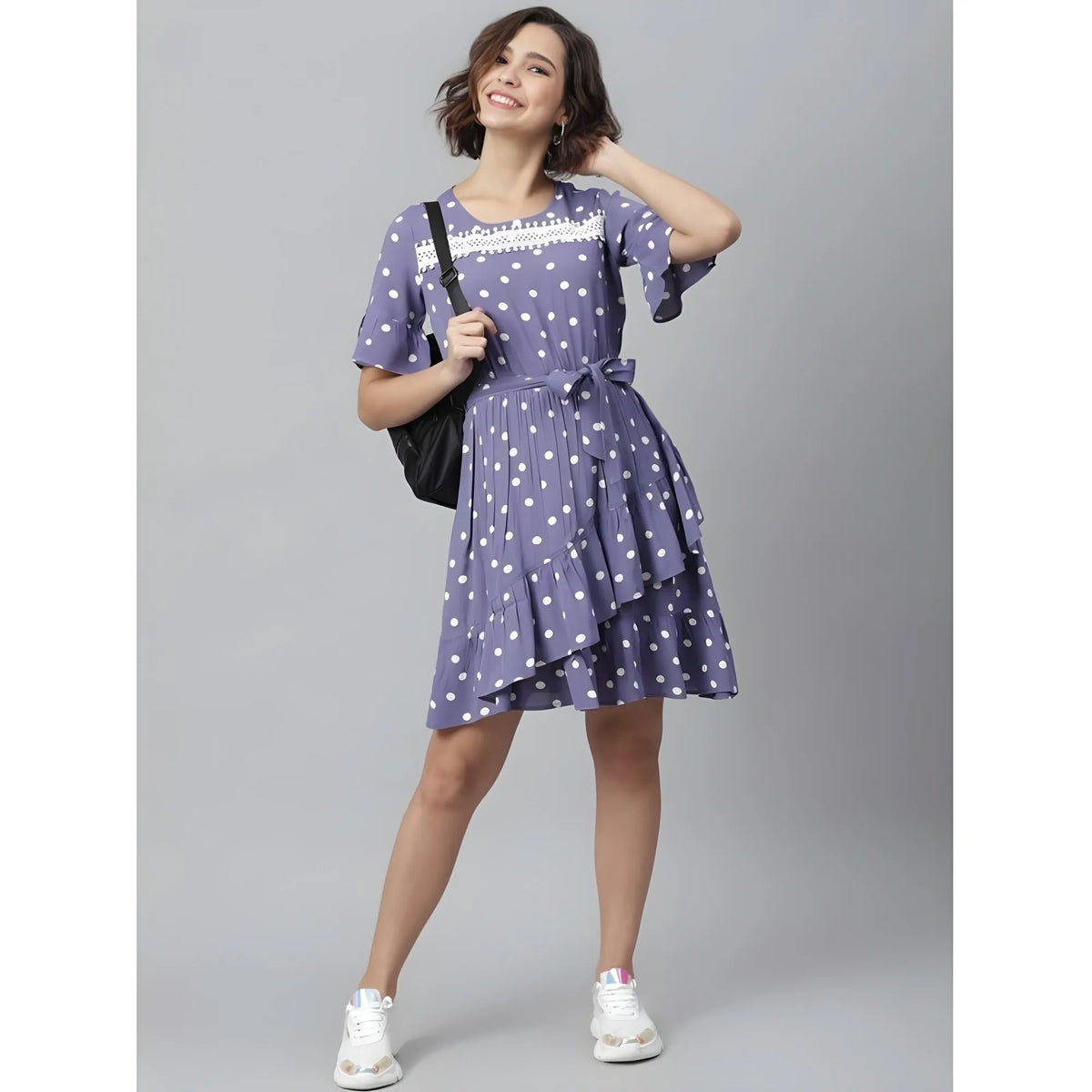 Women's Polyester Polka Bell Sleeve Above Knee Dress (lavender) | Women Signature Collection