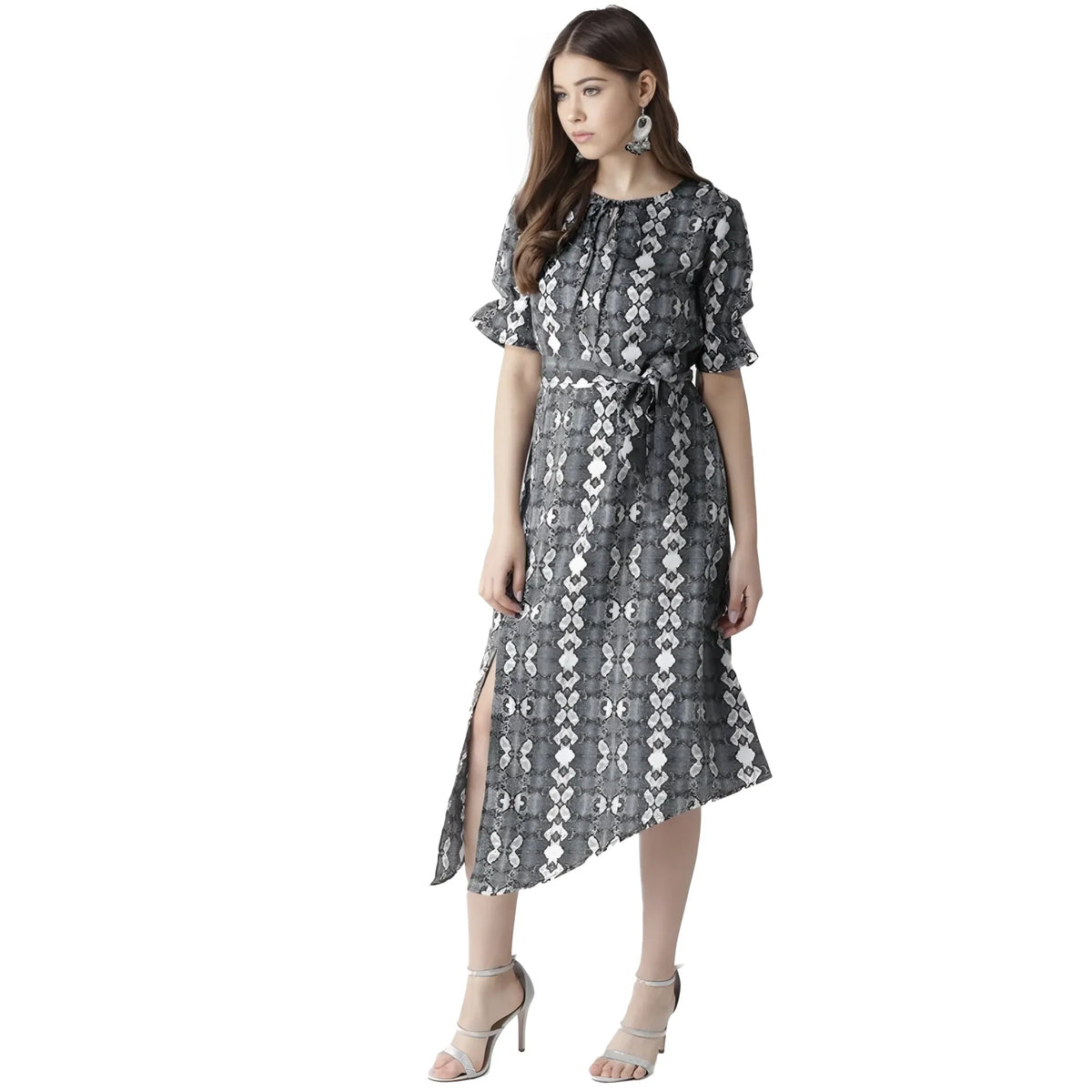 Women's Polyester Animal Print Short Sleeve Knee Length Dress (black White) | Women Signature Collection