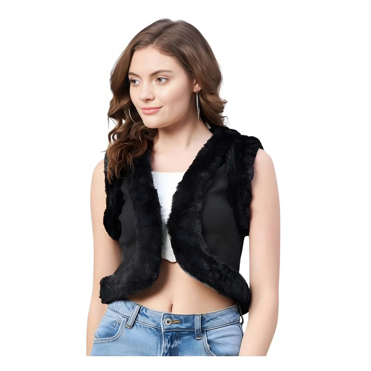 Women's Denim And Fur Solid Sleeveless Shrug (black) | Women Signature Collection