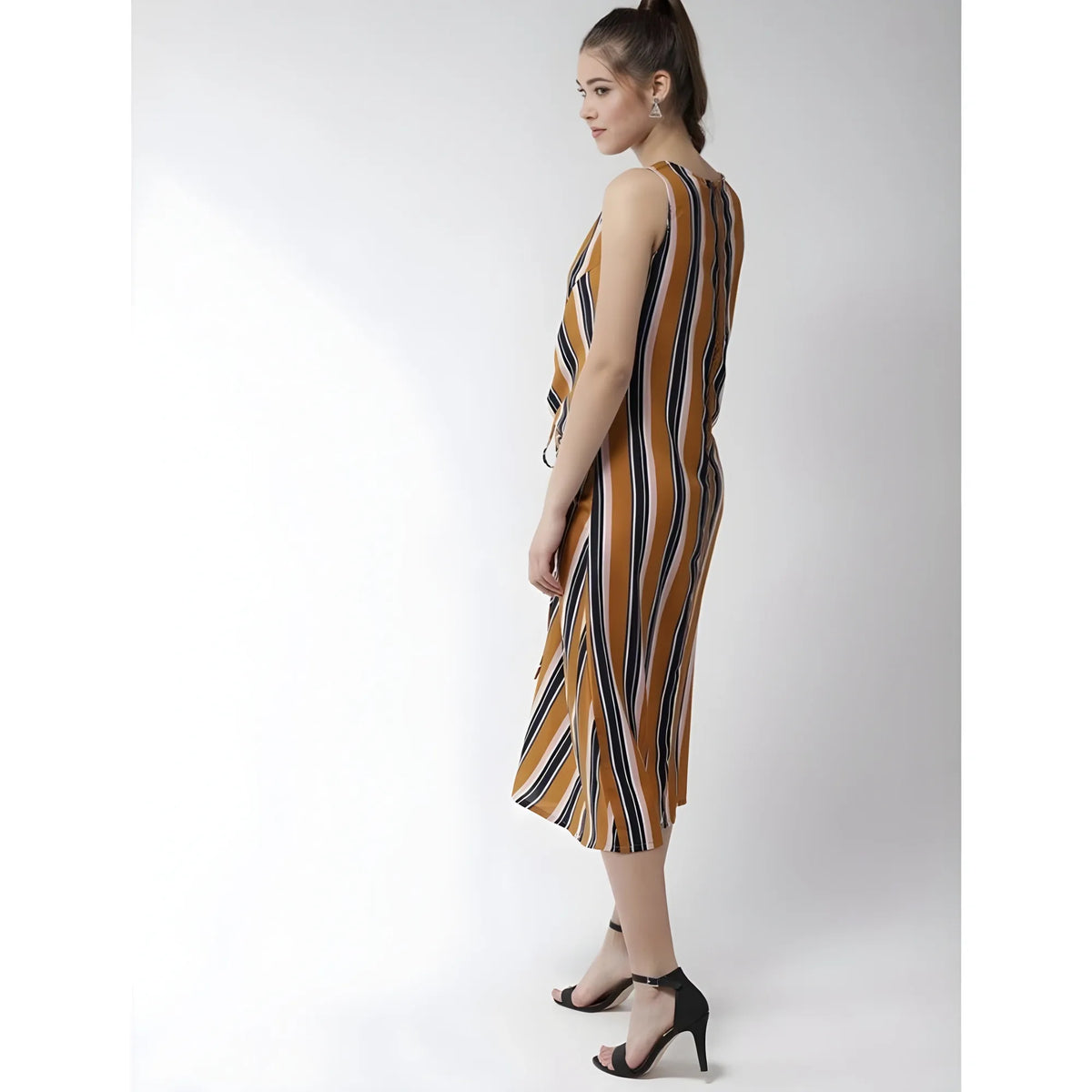 Women's Polyester Striped Sleeveless Below Knee Dress (mustard) | Women Signature Collection