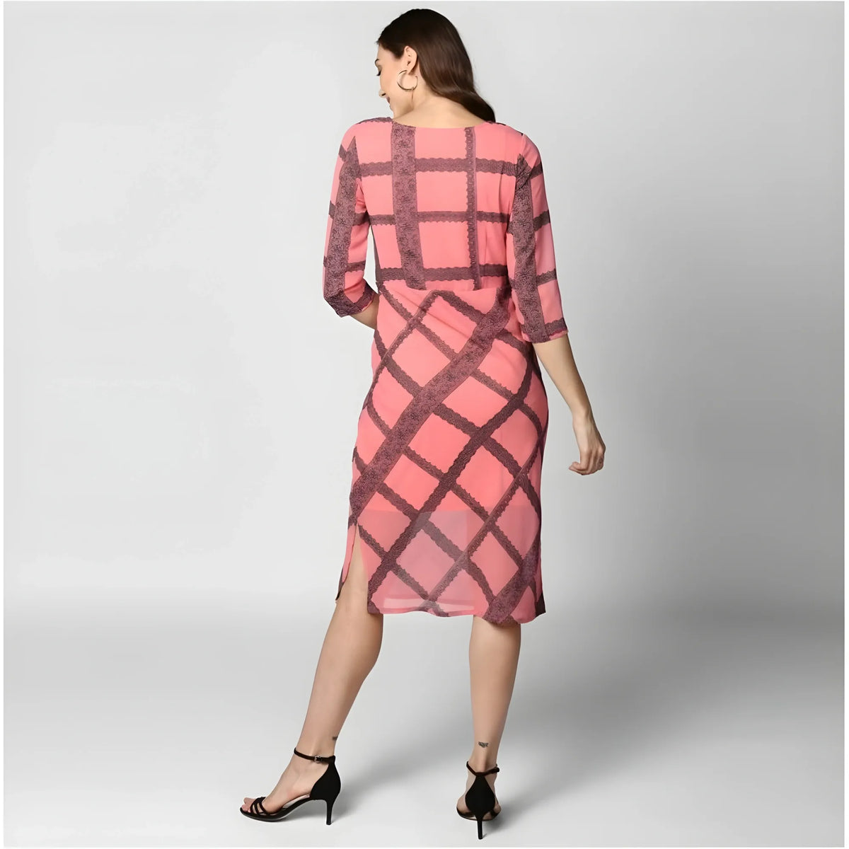 Women's Polyester Checkered 3 4th Sleeves Below Knee Dress (pink Black) | Women Signature Collection