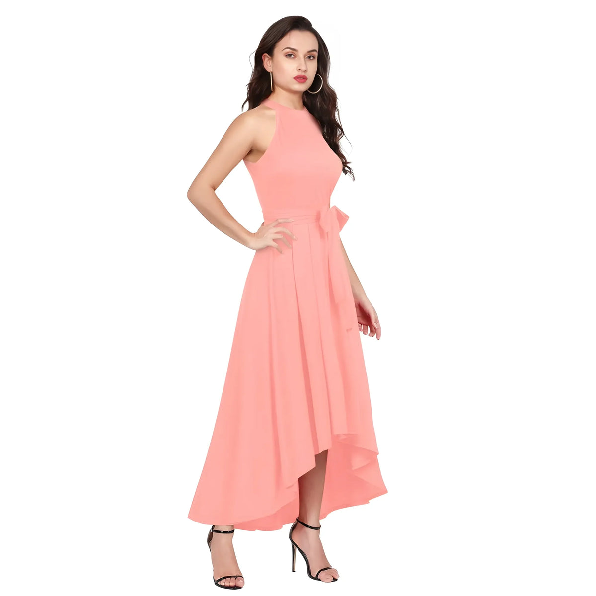 Women's Polyster Solid Halter Neck Sleeveless Dress (peach) | Women Signature Collection