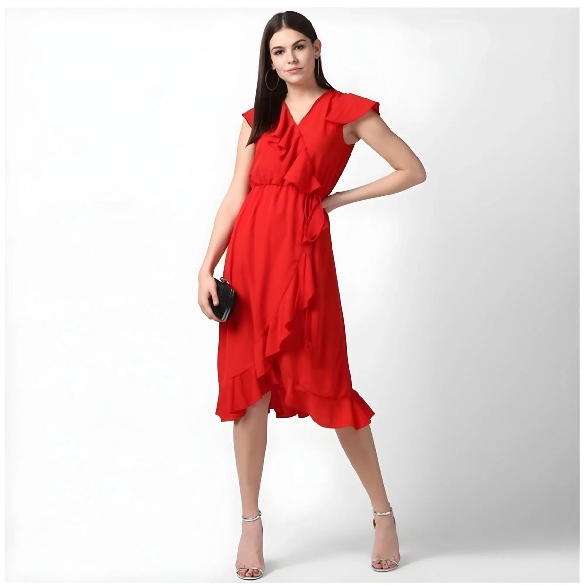 Women's Polyester Ruffled Cap Sleeve Knee Length Dress (red) | Women Signature Collection
