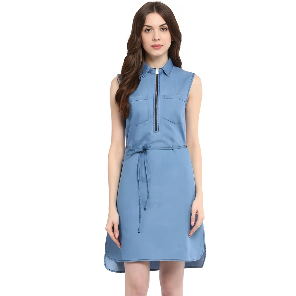 Women's Denim Solid Sleeveless Dress (blue) | Women Signature Collection