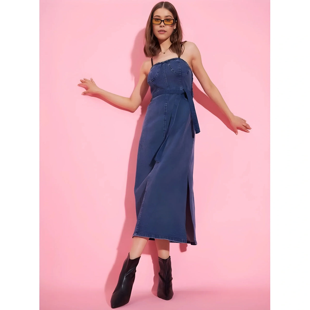 Women's Denim Solid Shoulder Straps Dress (blue) | Women Signature Collection