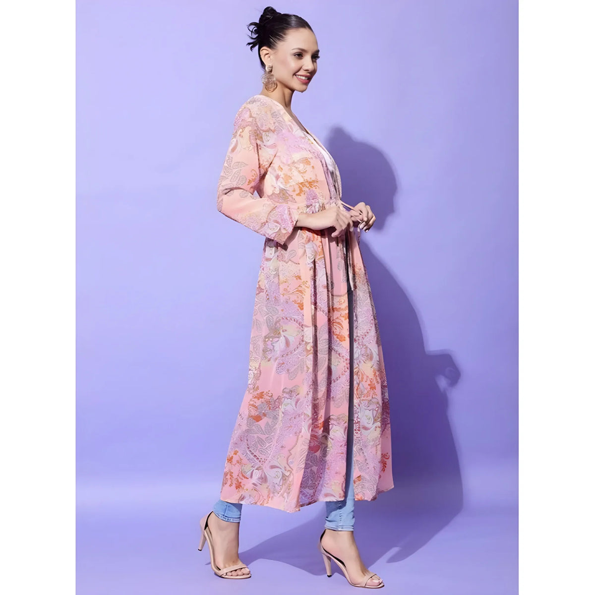 Women's Polyester Floral Long Sleeves Shrug (peach) | Women Signature Collection