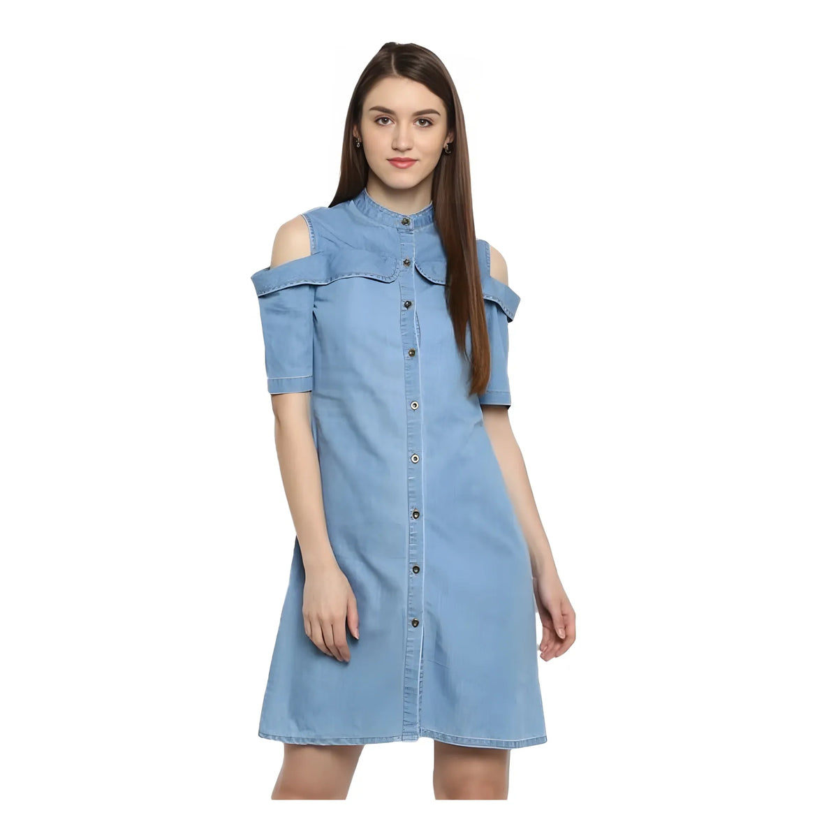 Women's Denim Solid Cold Shoulder Above Knee Dress (blue) | Women Signature Collection