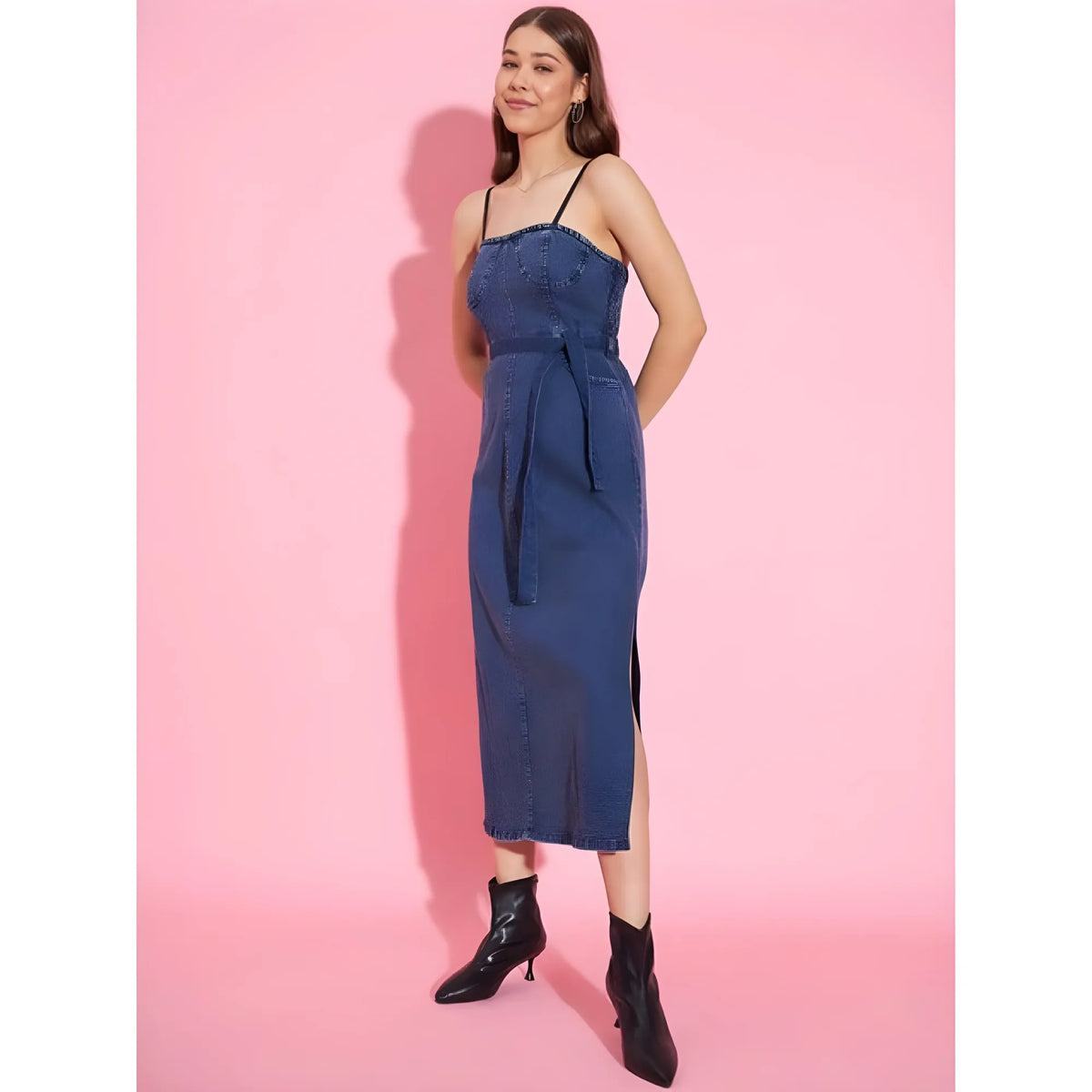 Women's Denim Solid Shoulder Straps Dress (blue) | Women Signature Collection
