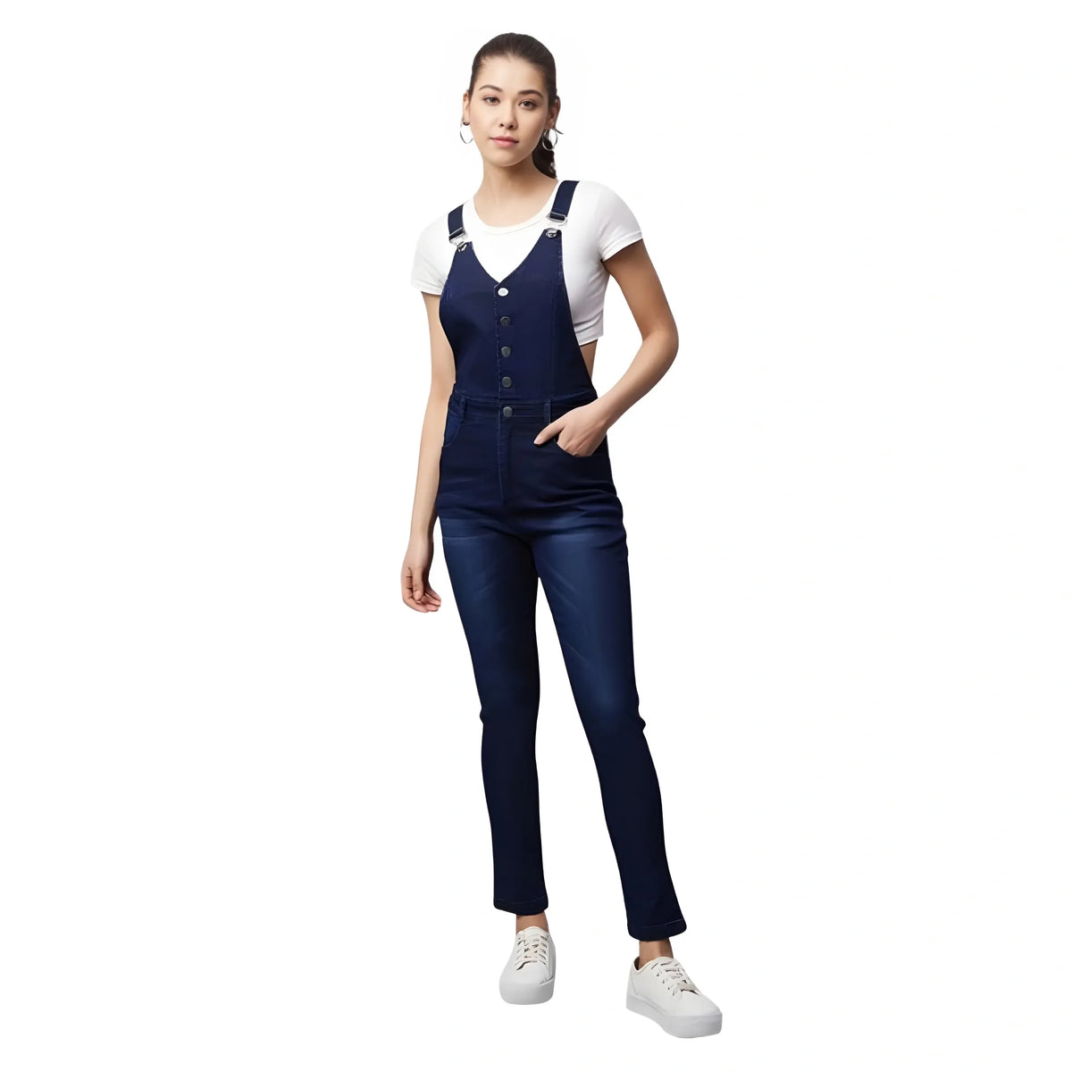 Women's Denim Lycra Solid Buttoned Dungaree (navy) | Women Signature Collection
