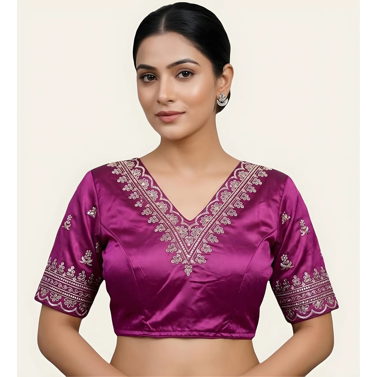 Amethyst Women's Satin Embroidered Half sleeve V-Neck Padded Readymade Blouse