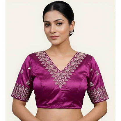Amethyst Women's Satin Embroidered Half sleeve V-Neck Padded Readymade Blouse